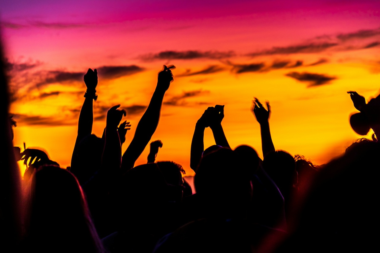 Ibiza music festival crowd sunset